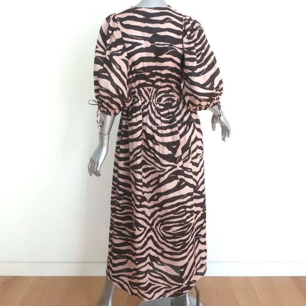 Zimmermann Puff Sleeve Midi Dress Juniper Brown Zebra Print Linen Size 0 - Picture 6 of 9